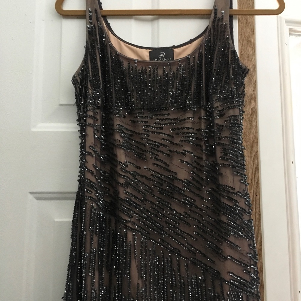 Adrianna Papell Black Beaded Fringe Nude Illusion Prom Dress